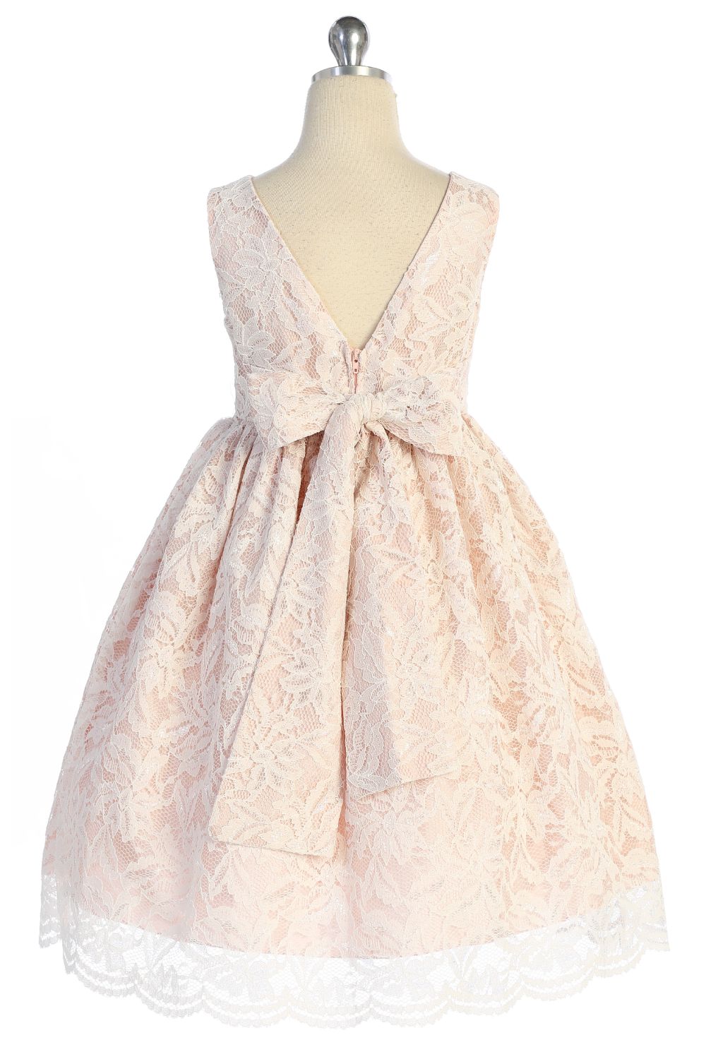Dress - Lace V Back Bow Dress W/ Rhinestone Trim