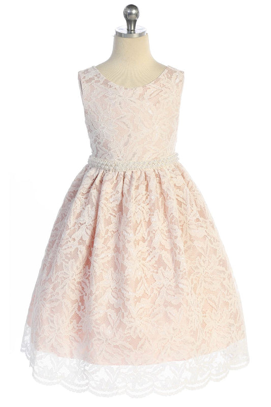 Dress - Lace V Back Bow Dress W/ Thick Pearl Trim