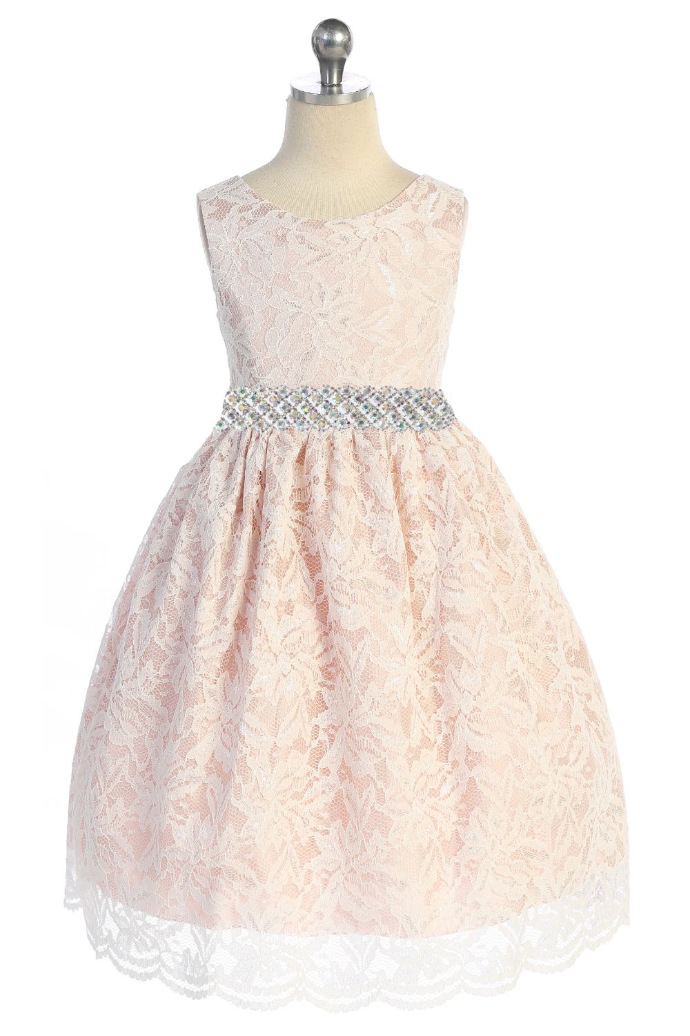 All Lace Girls Dress with V Back & Bow and Thick Rhinestone Trim 12 / Blush All Lace Girls Dress with V Back & Bow and Thick Rhinestone Trim 12 / Blush