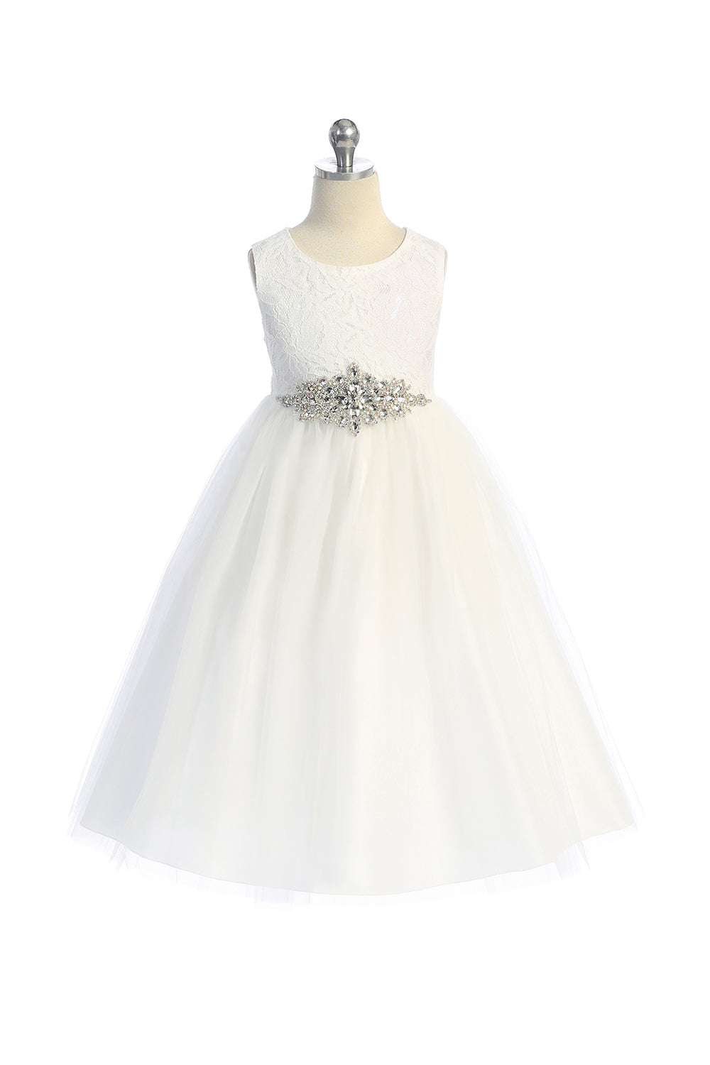 Dress - Long Lace Illusion Dress W/ Diamond Shape Rhinestone Trim
