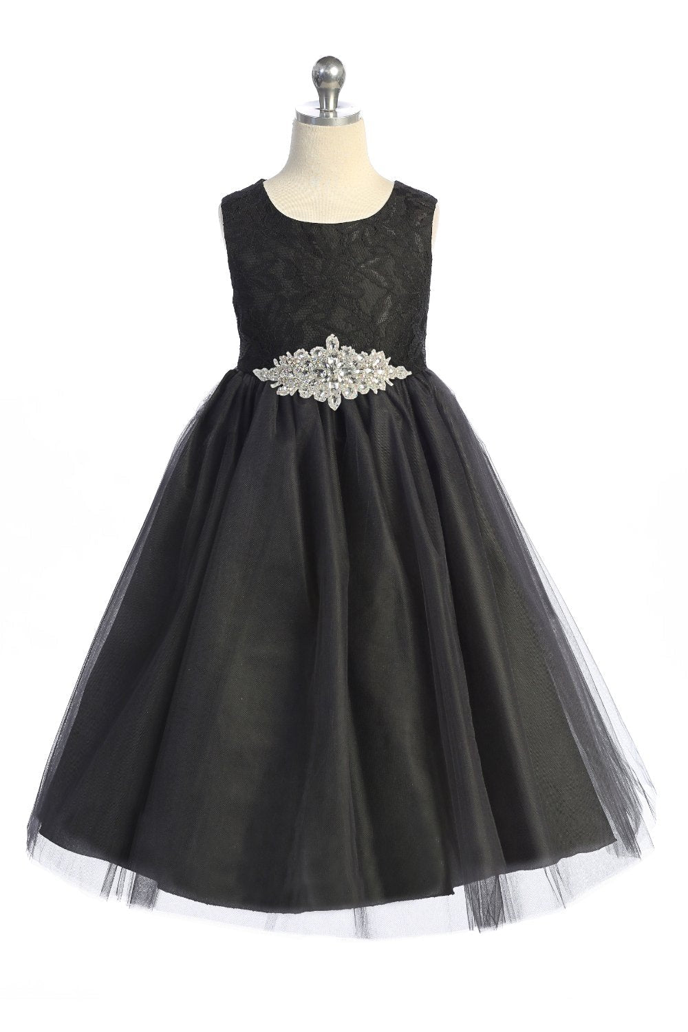Dress - Long Lace Illusion Dress W/ Diamond Shape Rhinestone Trim