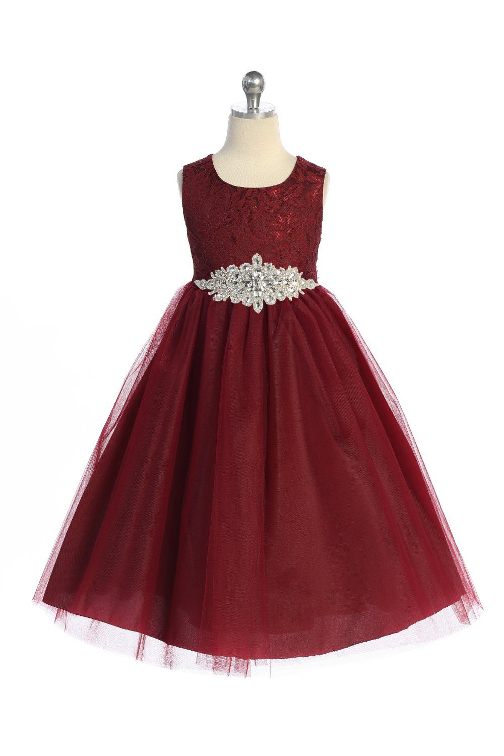 Dress - Long Lace Illusion Dress W/ Diamond Shape Rhinestone Trim