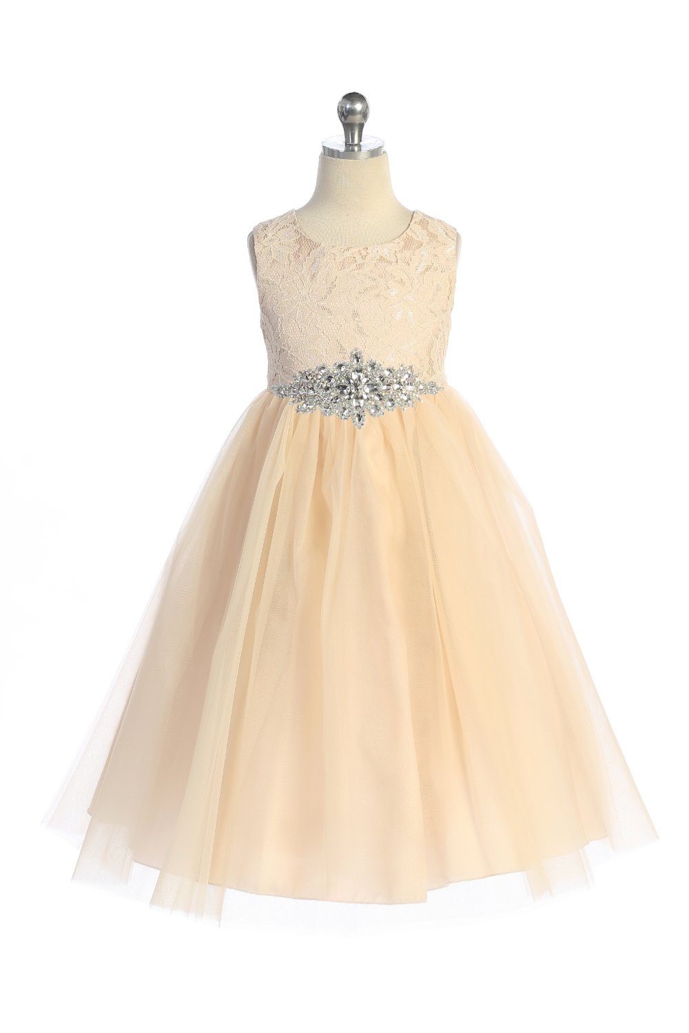 Dress - Long Lace Illusion Dress W/ Diamond Shape Rhinestone Trim