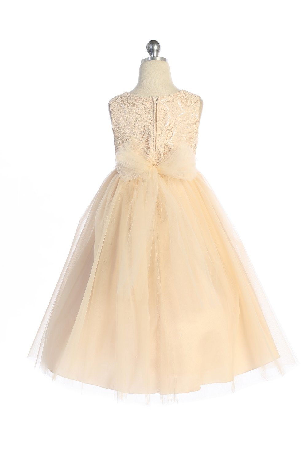 Dress - Long Lace Illusion Dress W/ Diamond Shape Rhinestone Trim