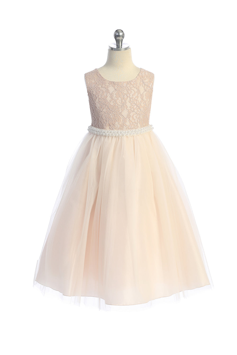 Dress - Long Lace Illusion Dress W/ Thick Pearl Trim