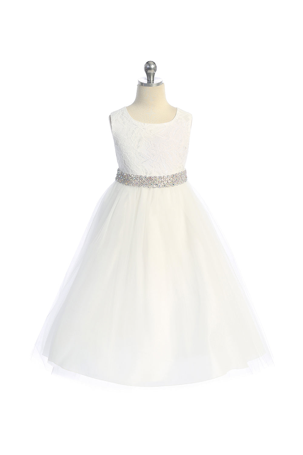 Dress - Long Lace Illusion Dress W/ Thick Rhinestone Trim
