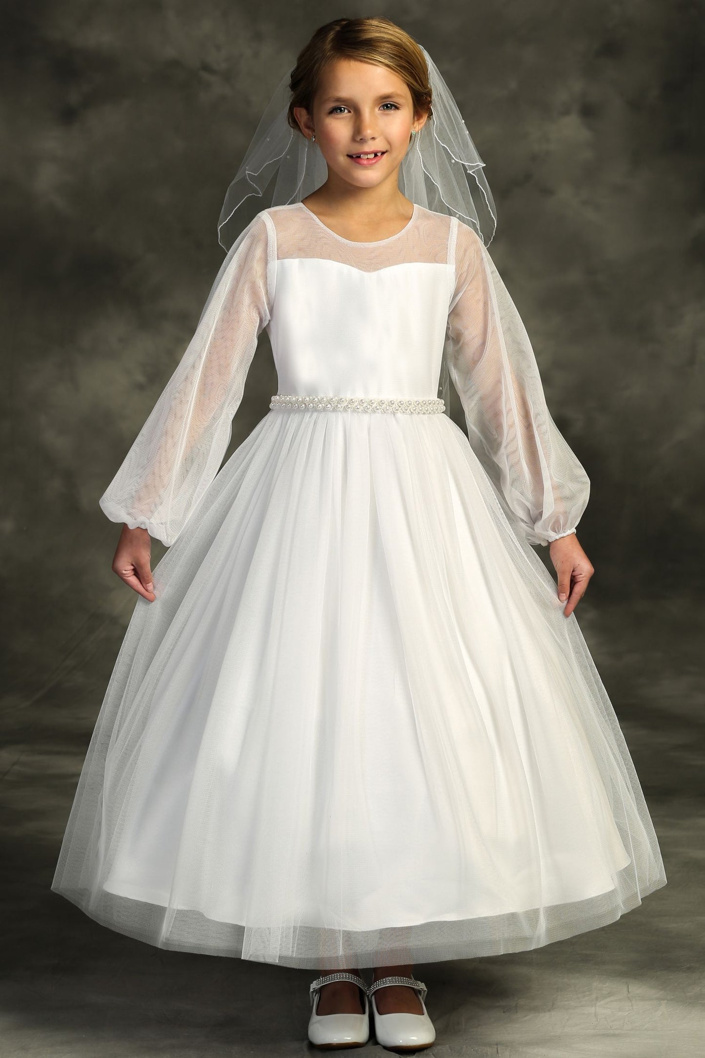 Dress - Long Mesh Sleeve Pearl Dress