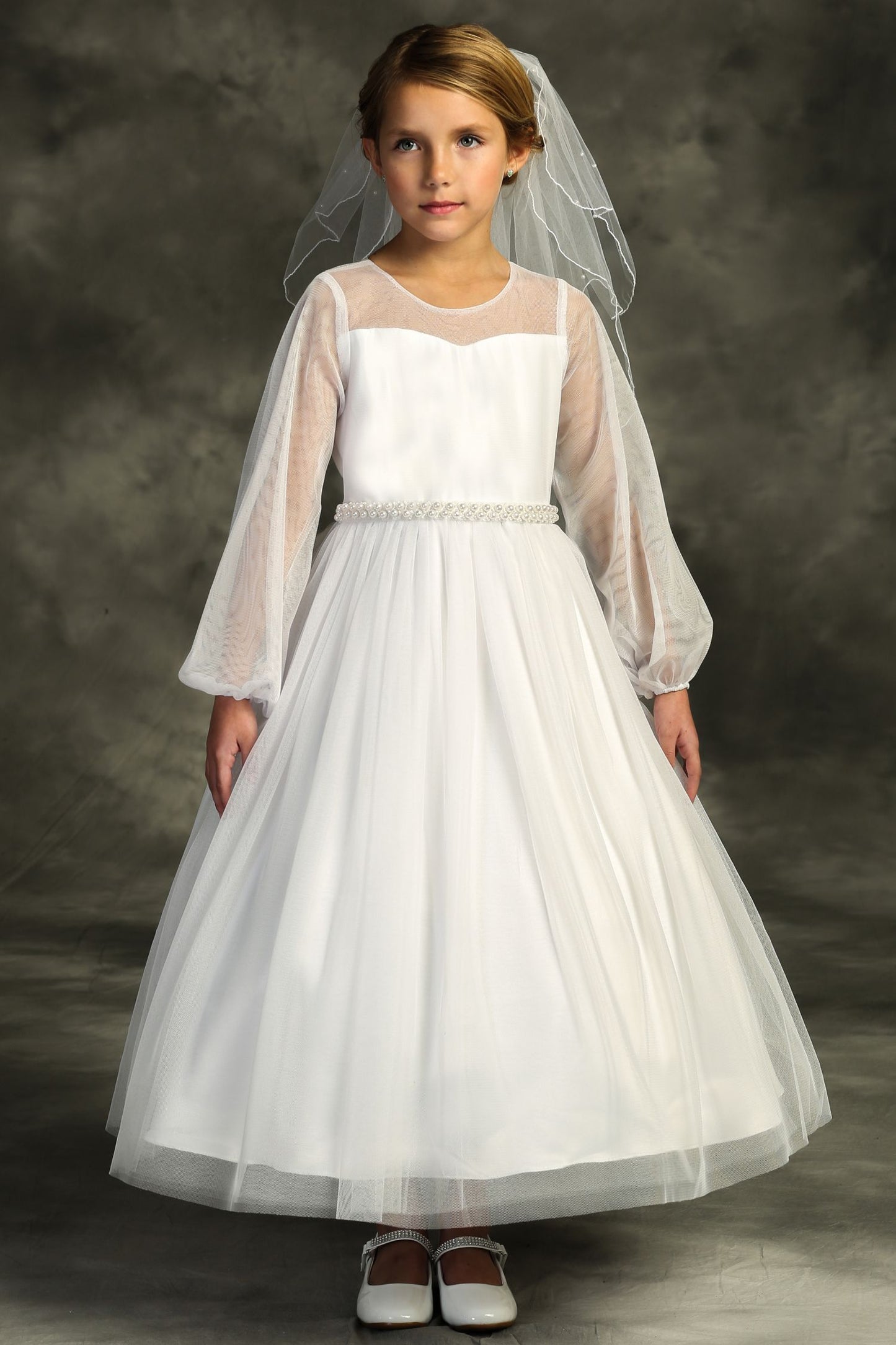 Dress - Long Mesh Sleeve Pearl Dress