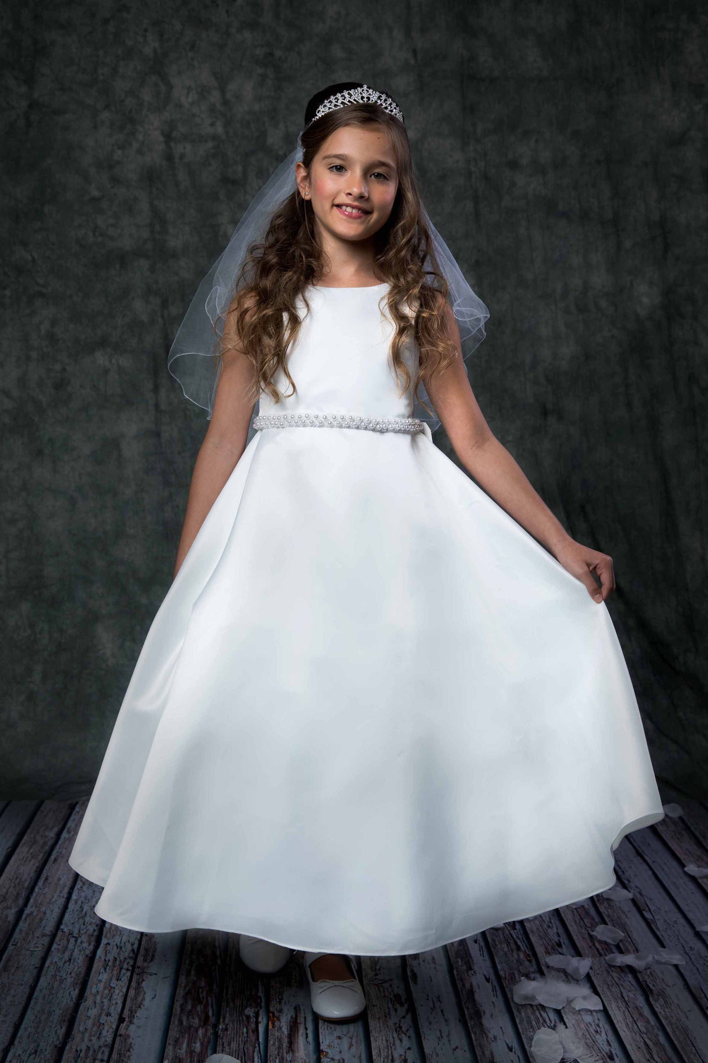 Dress - Long Satin Pearl Trim Communion Dress