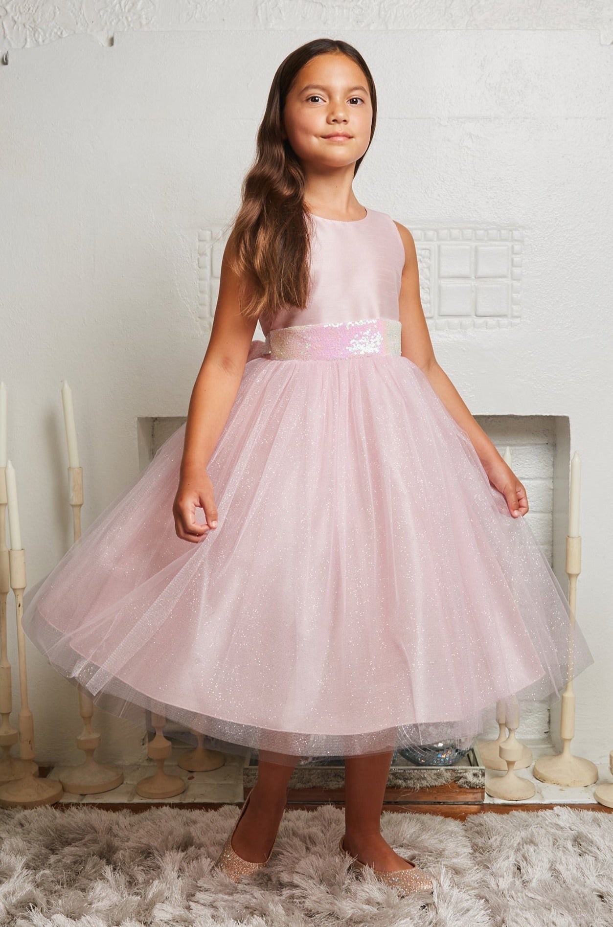 Dress - Pink Iridescent Sequin Back V Bow Dress