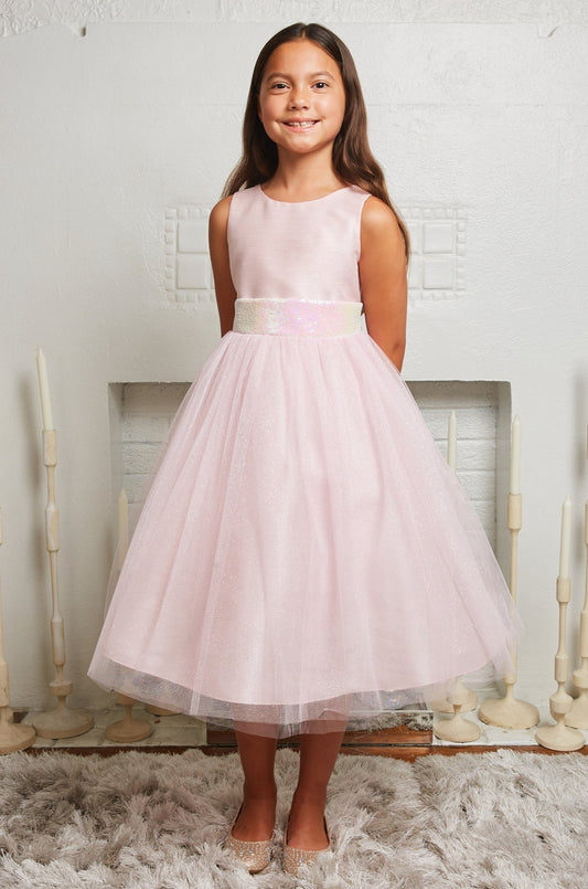 Dress - Pink Iridescent Sequin Back V Bow Dress