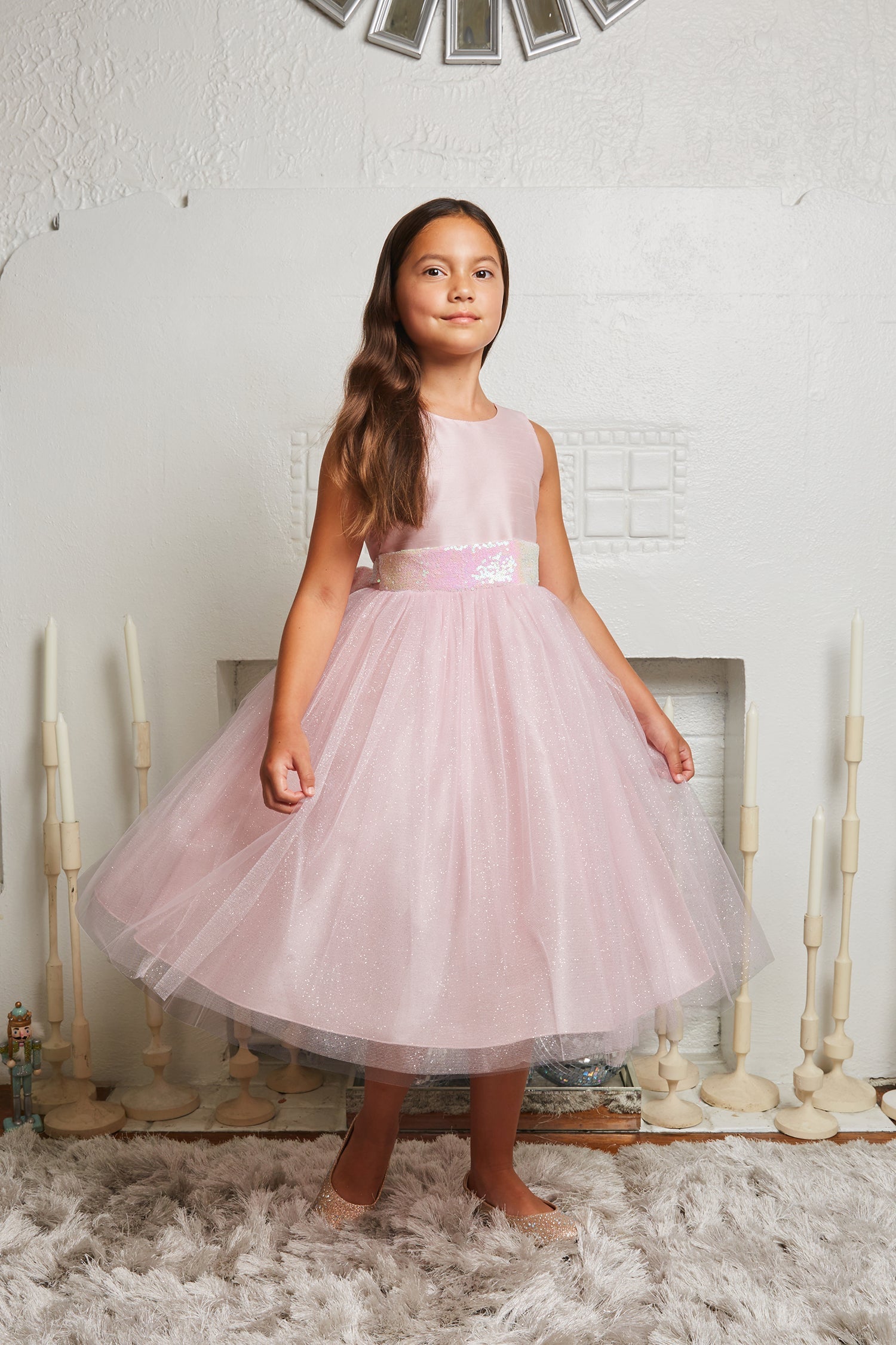 Dress - Pink Iridescent Sequin V Back Bow Plus Size Girl Dress