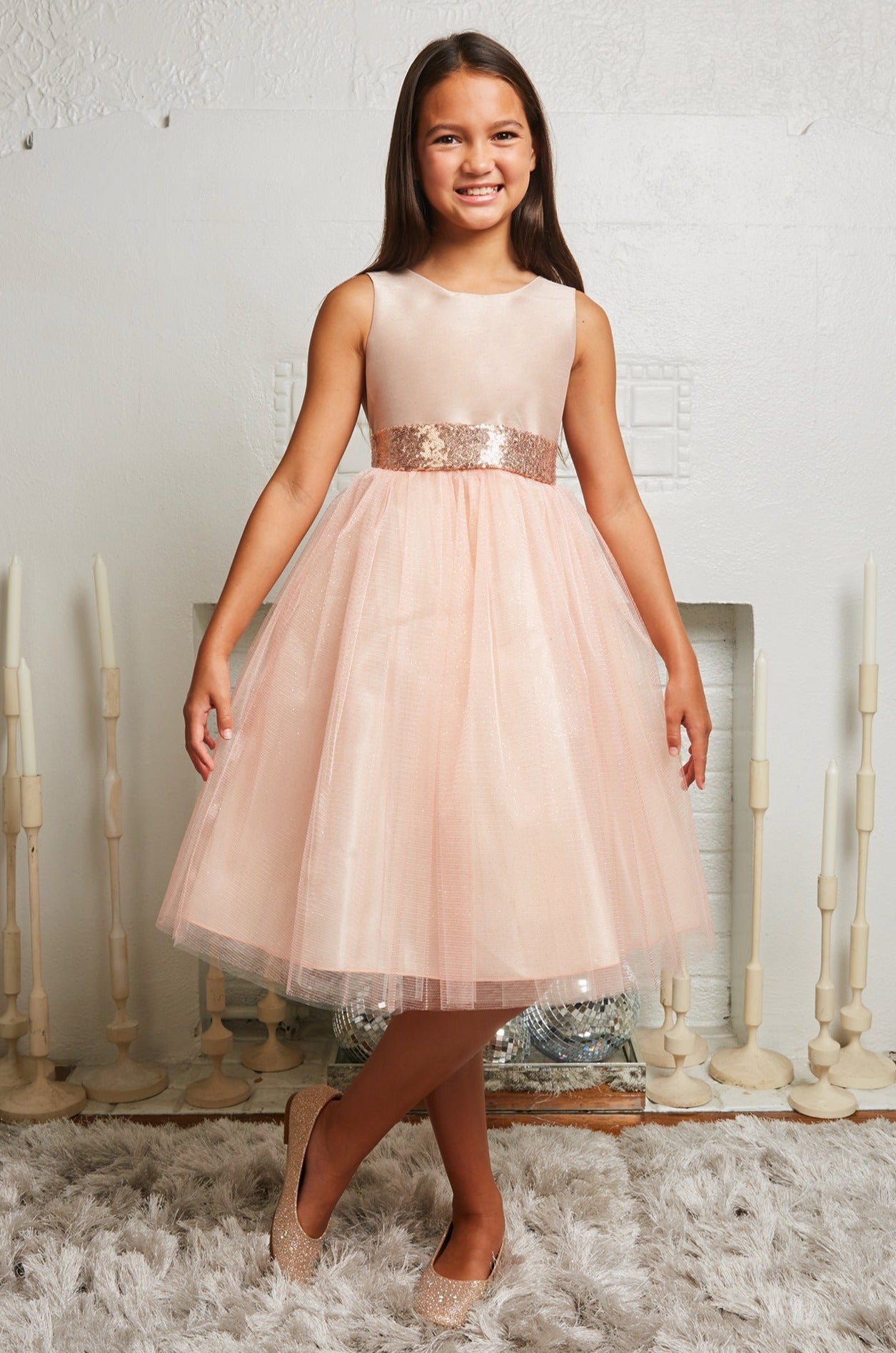Blush/Rose Gold Sequins V Back u0026 Bow Girls Dress – Kid's Dream