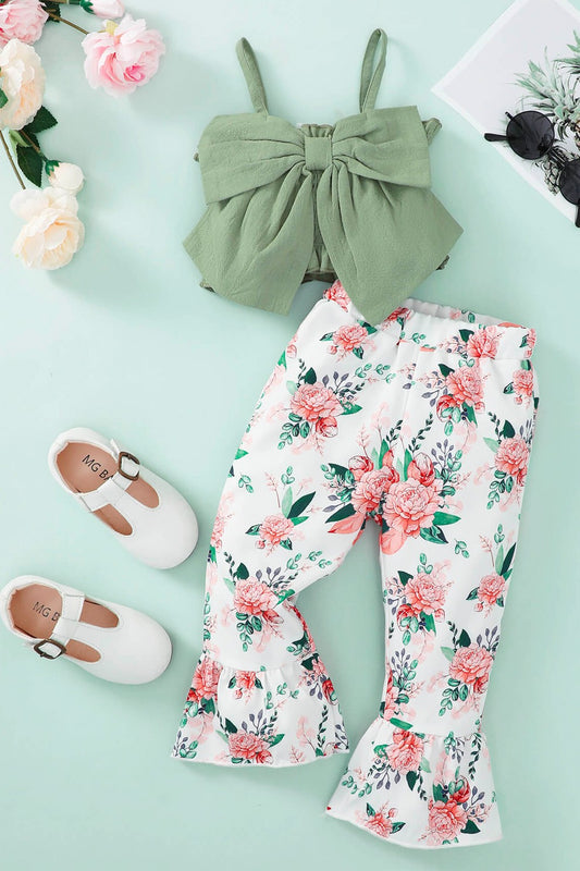 Girls Bow Detail Cami And Floral Flare Pants Set