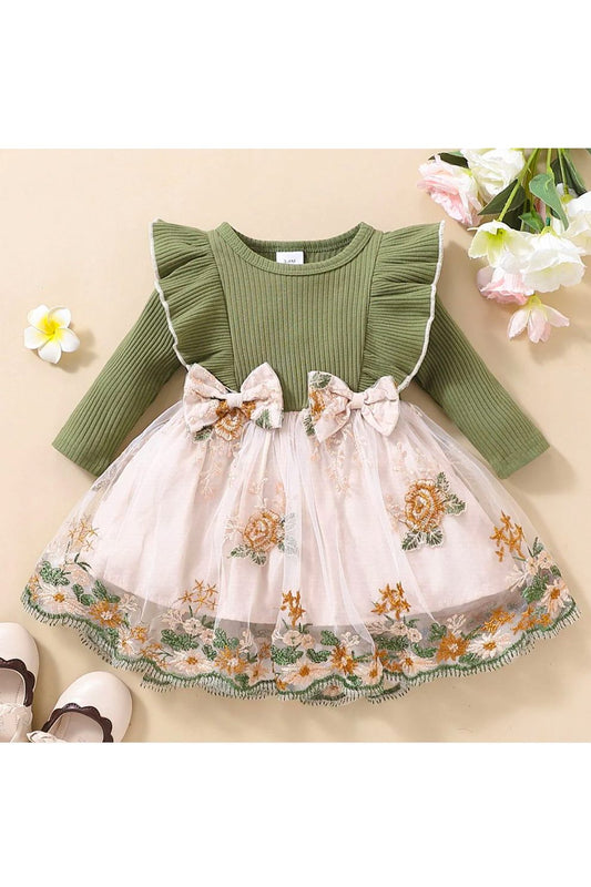 Girls Floral Bow Detail Ruffle Shoulder Tulle Dress