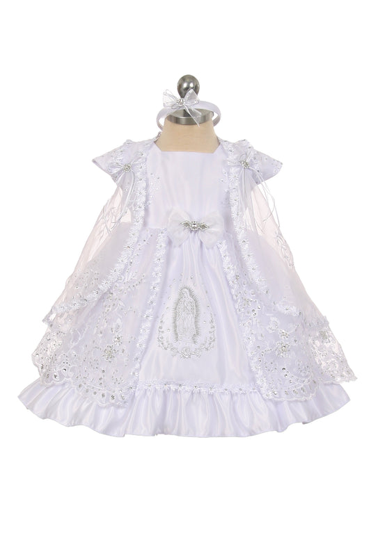 Capped Sleeve Sequin Dress with Embroidered Virgin Mary & Matching Cape for Baby Girls