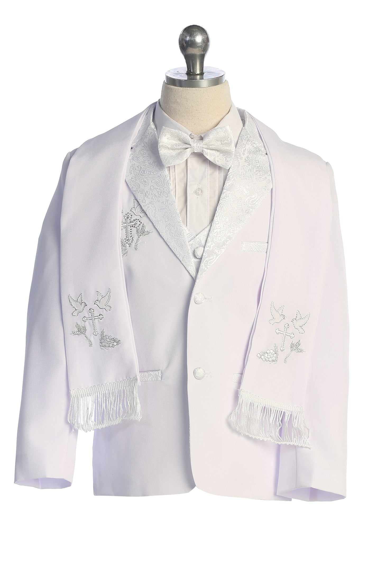 Six-Piece White Brocade Tuxedo Set with Cross Accents for Baby Boys