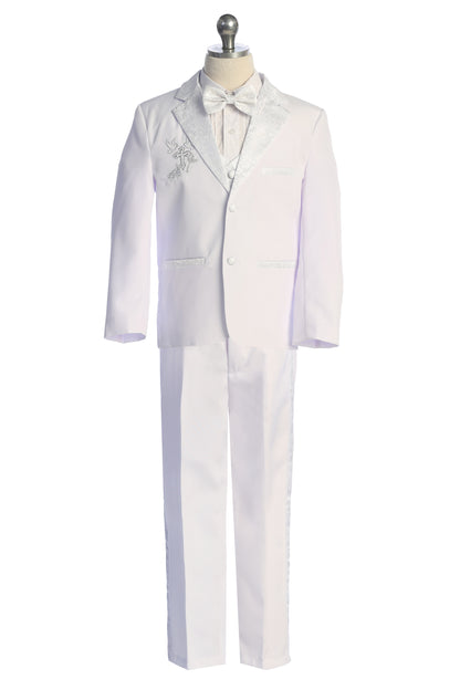 Six-Piece White Brocade Tuxedo Set with Cross Accents for Baby Boys