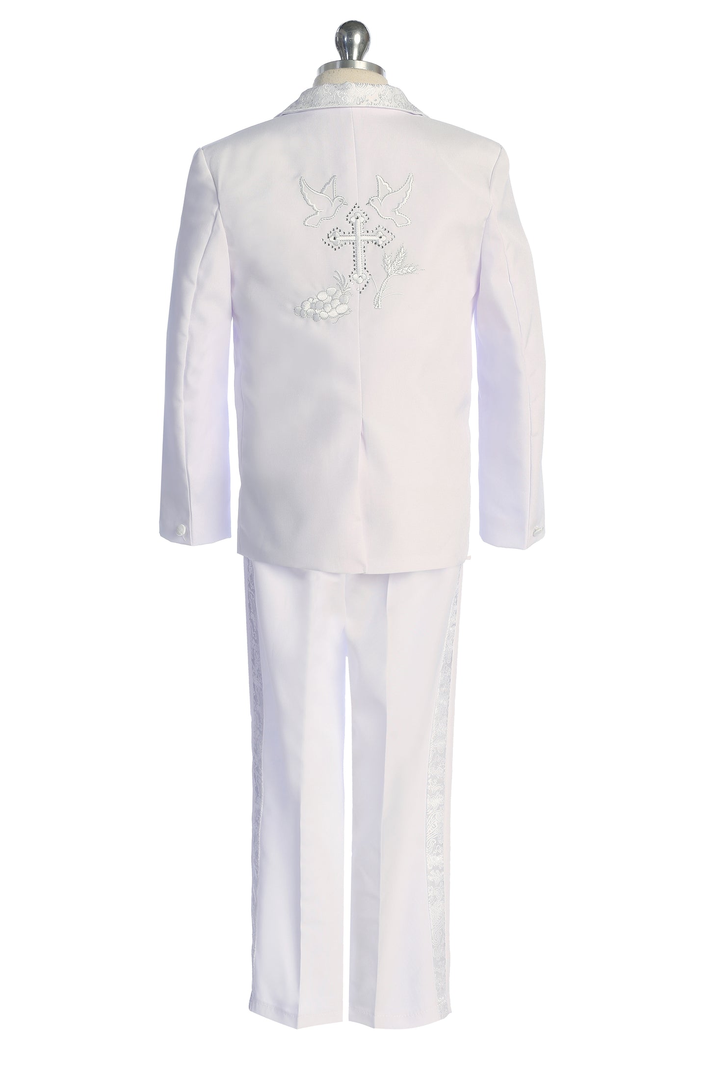 Six-Piece White Brocade Tuxedo Set with Cross Accents for Baby Boys