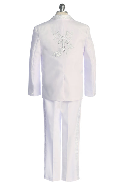 Six-Piece White Brocade Tuxedo Set with Cross Accents for Baby Boys