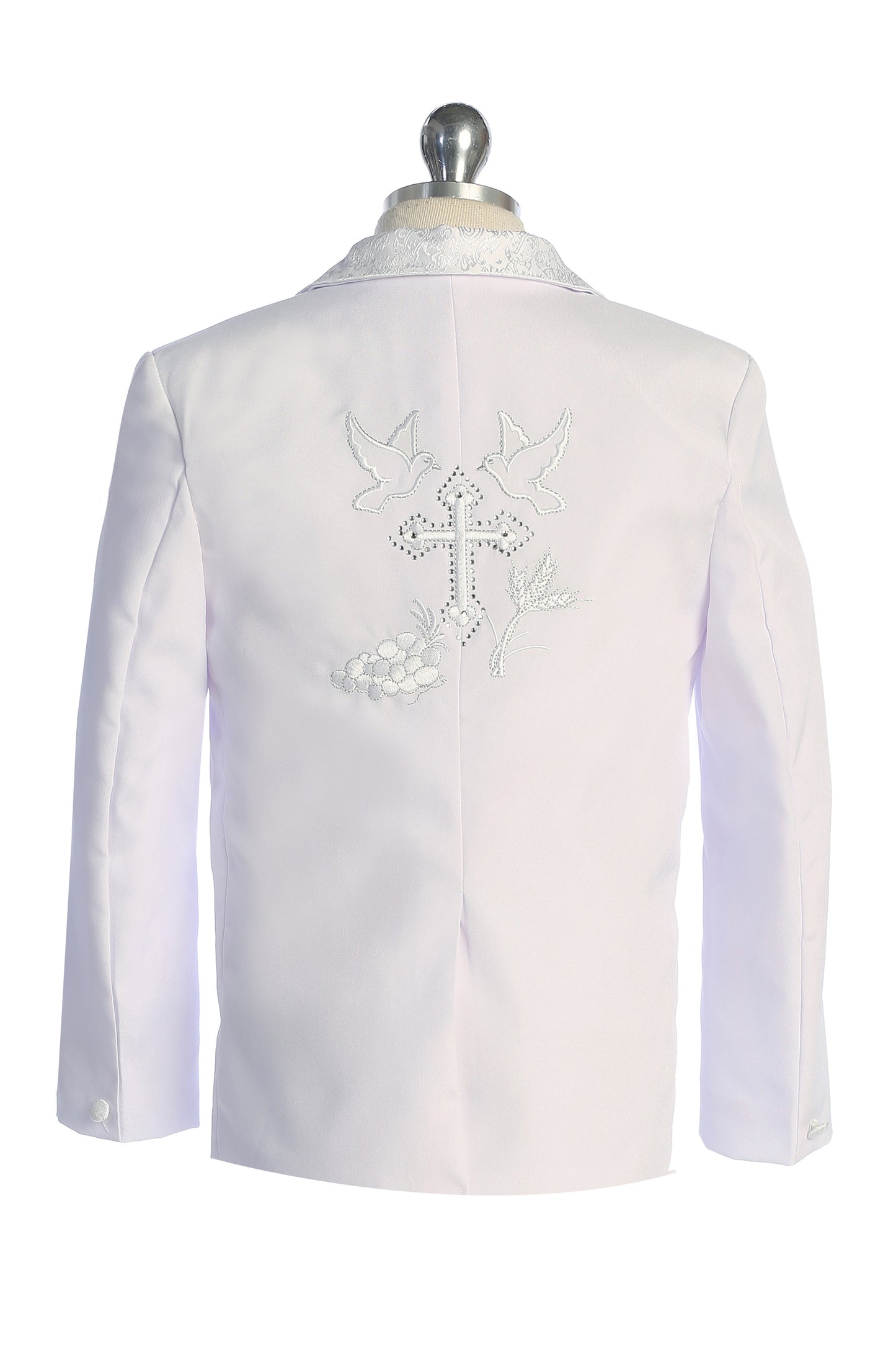 Six-Piece White Brocade Tuxedo Set with Cross Accents for Baby Boys