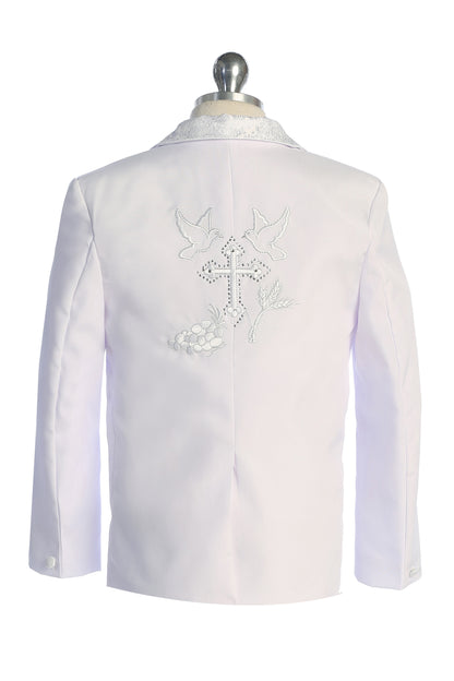 Six-Piece White Brocade Tuxedo Set with Cross Accents for Baby Boys