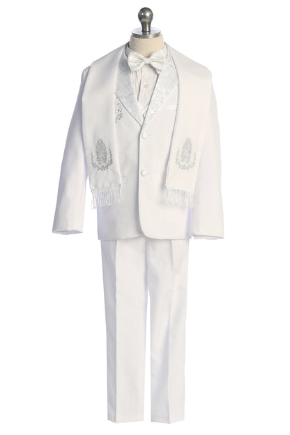 Six-Piece White Brocade Tuxedo Set with Virgin Mary Accents for Baby Boys