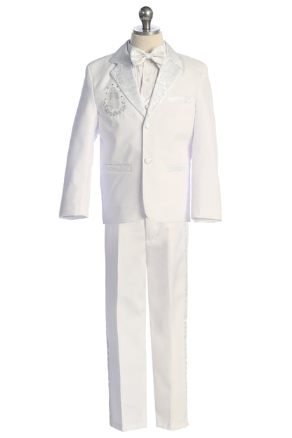 Six-Piece White Brocade Tuxedo Set with Virgin Mary Accents for Baby Boys