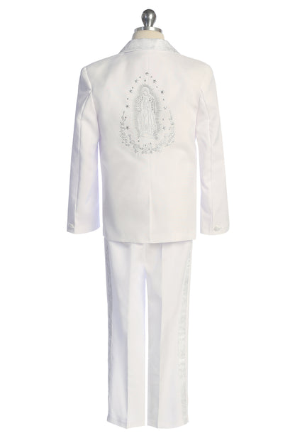 Six-Piece White Brocade Tuxedo Set with Virgin Mary Accents for Baby Boys