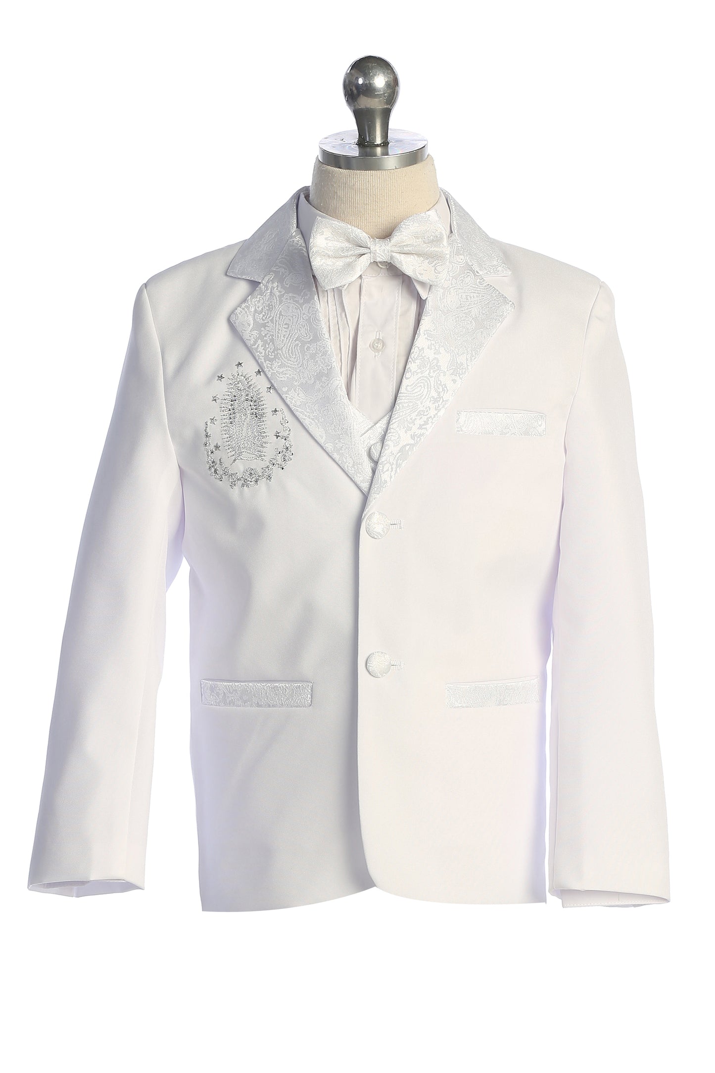 Six-Piece White Brocade Tuxedo Set with Virgin Mary Accents for Baby Boys