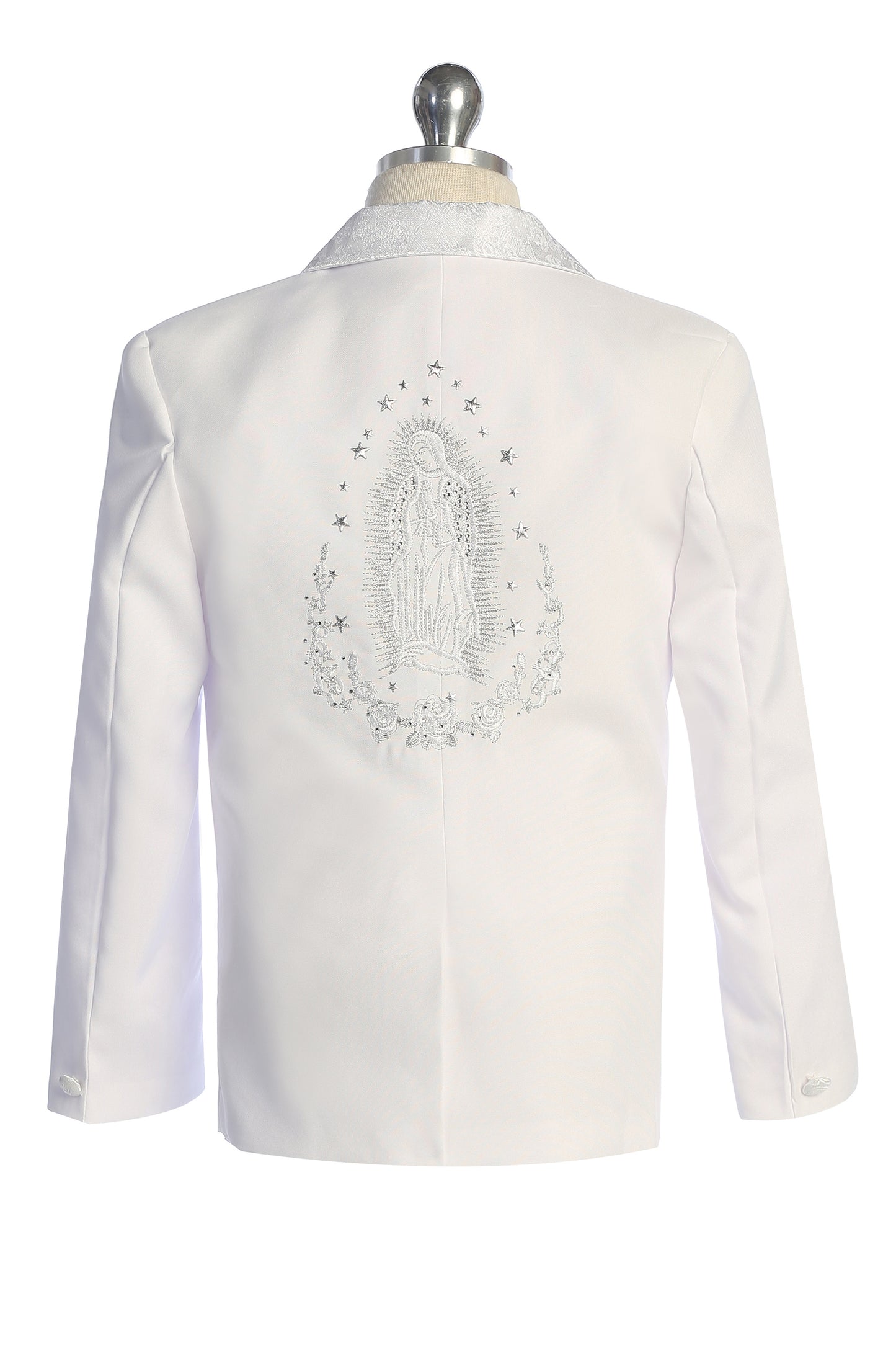 Six-Piece White Brocade Tuxedo Set with Virgin Mary Accents for Baby Boys