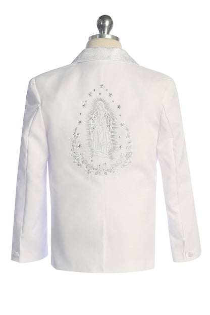 Six-Piece White Brocade Tuxedo Set with Virgin Mary Accents for Baby Boys
