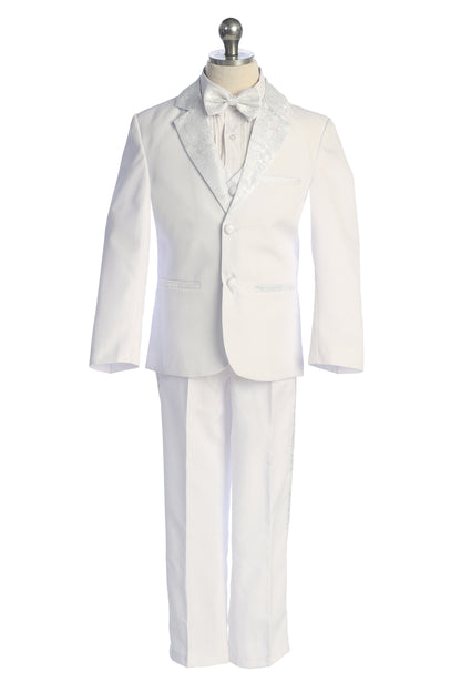 Five-Piece White Brocade Tuxedo Set for Baby Boys