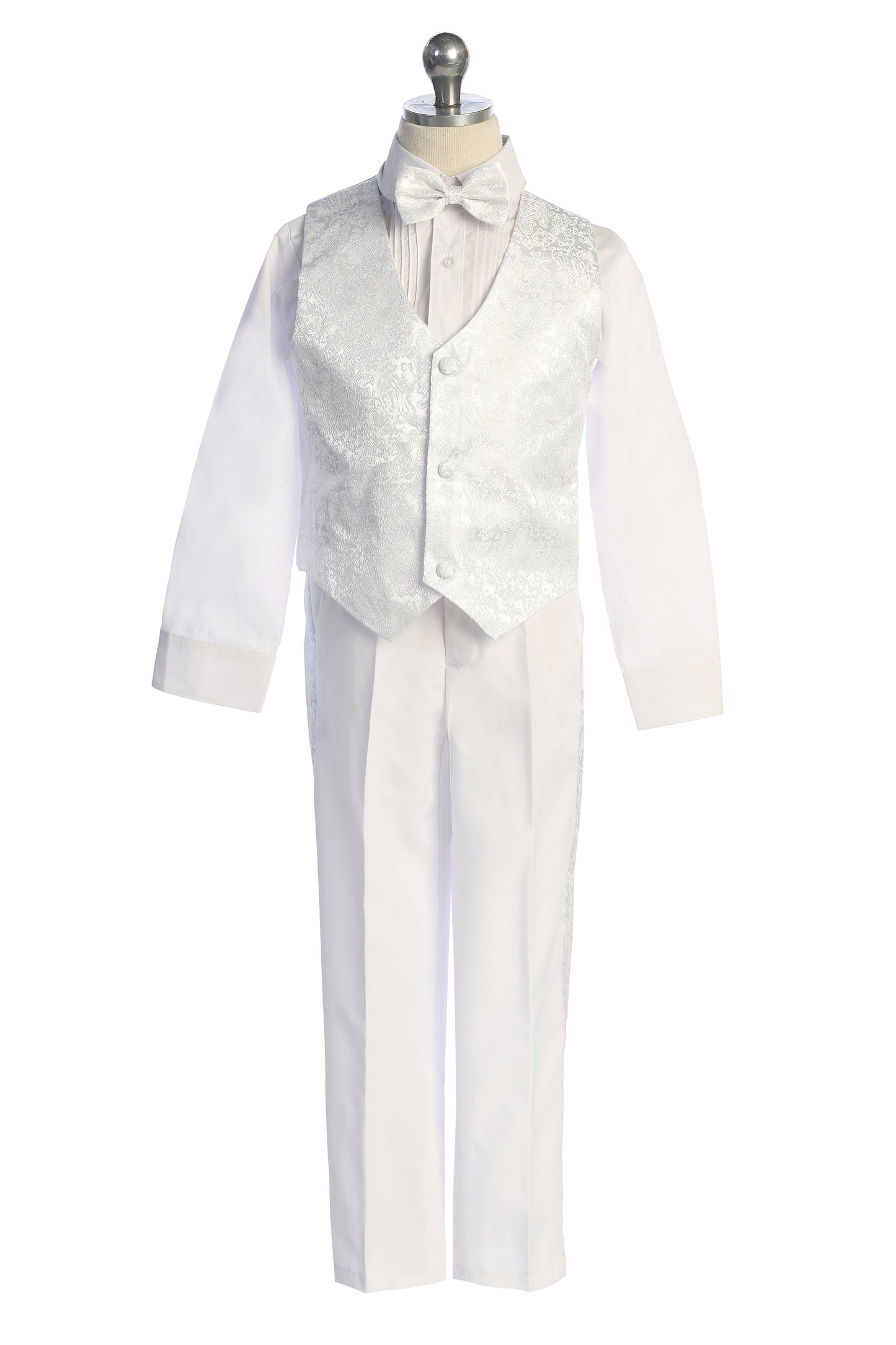 Six-Piece White Brocade Tuxedo Set with Cross Accents for Baby Boys