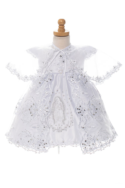 Capped Sleeve Pearl & Sequin Dress with Embroidered Virgin Mary & Matching Cape for Baby Girls (Copy)