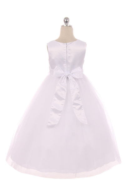 Ivory Satin Flower Petal Girls Plus Size Dress with Organza Sash