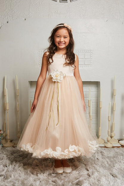 *RESTOCKED* Blush Satin Flower Petal Girls Dress with Plus Sizes