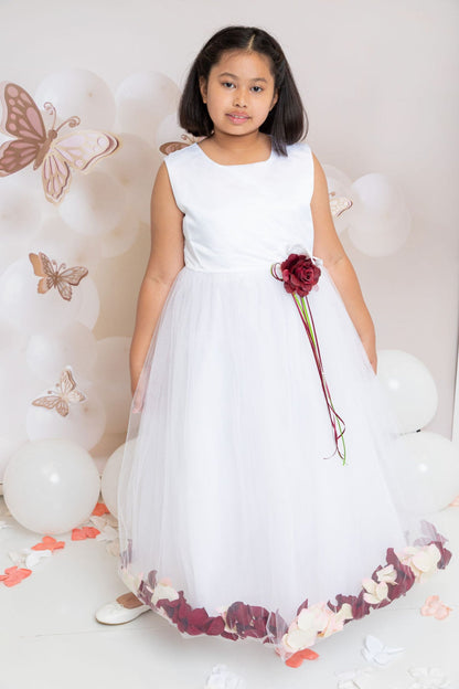 Ivory Satin Flower Petal Girls Plus Size Dress with Organza Sash