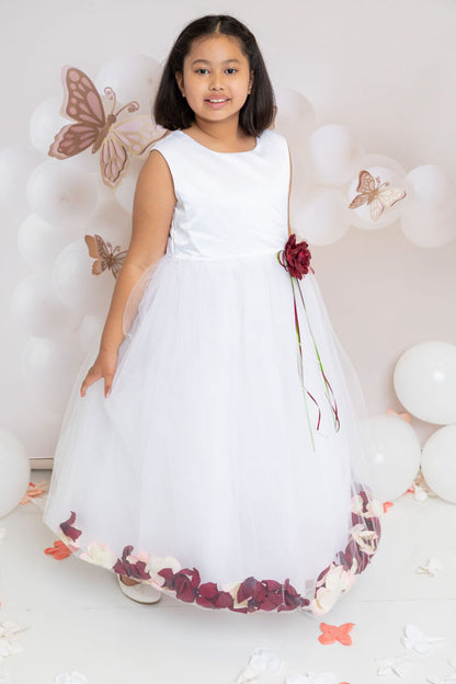 Ivory Satin Flower Petal Girls Plus Size Dress with Organza Sash