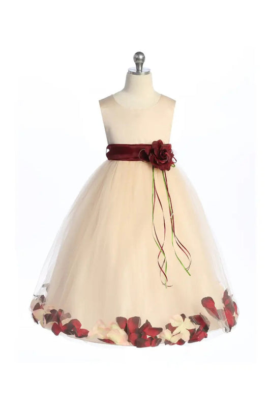 Blush Satin Flower Petal Girls Dress with Organza Sash and Plus Sizes
