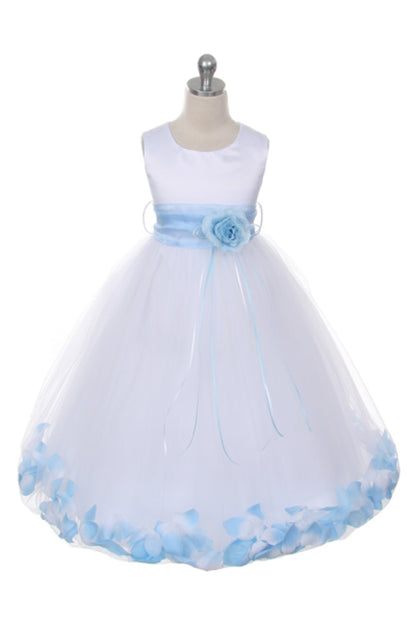 Ivory Satin Flower Petal Girls Plus Size Dress with Organza Sash