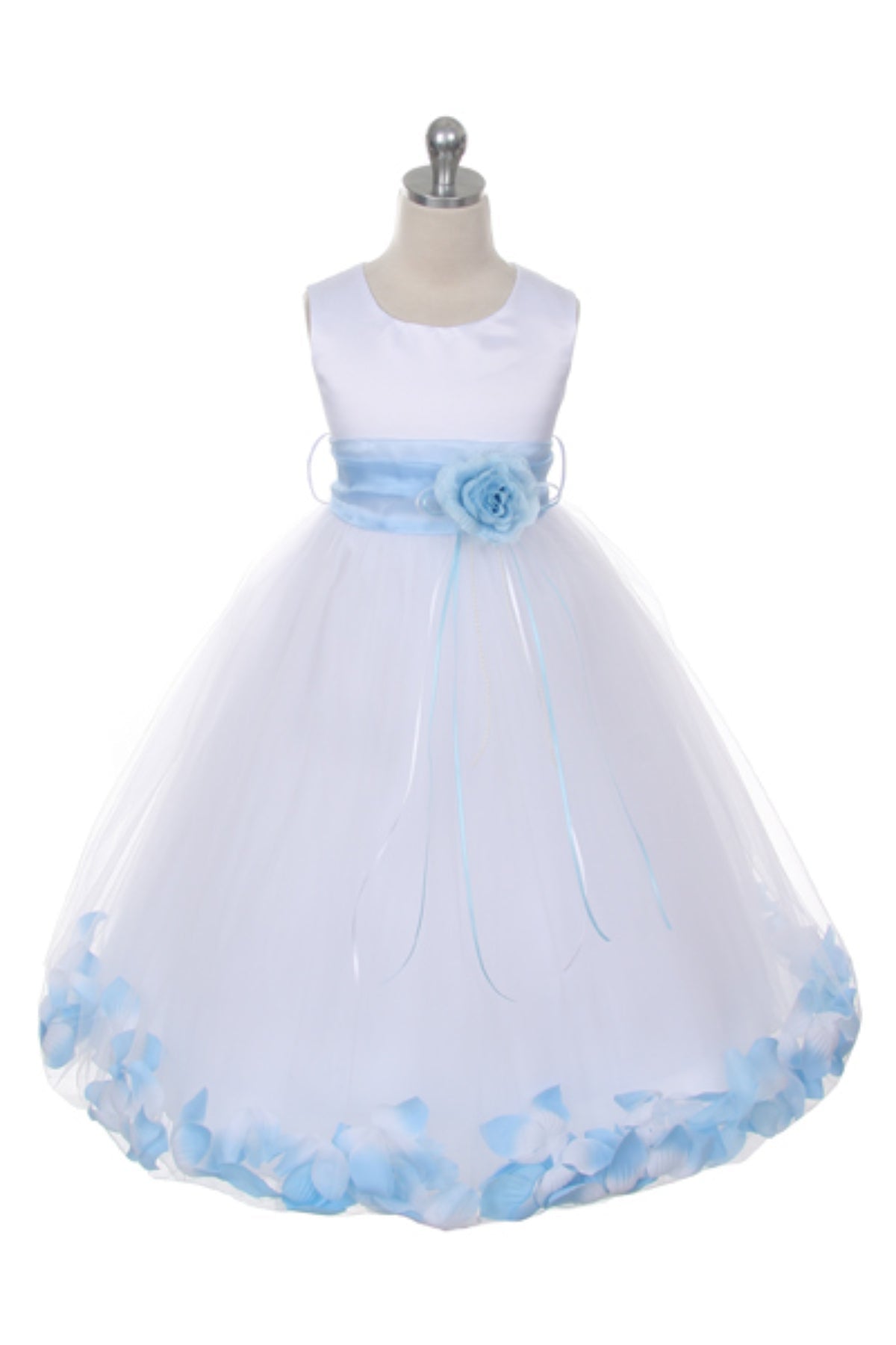 White Satin Flower Petal Girl Dress with Organza Sash (2 of 2) 12 / White / Baby Blue White Satin Flower Petal Girl Dress with Organza Sash (2 of 2) 12 / White / Baby Blue