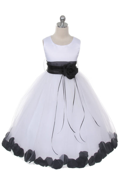 Ivory Satin Flower Petal Girls Plus Size Dress with Organza Sash