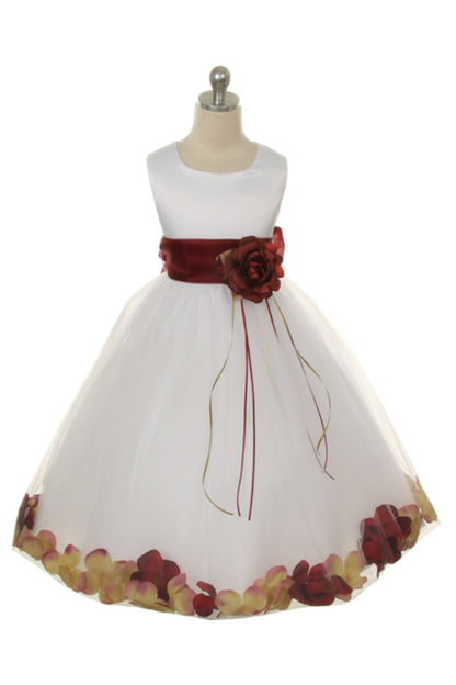 *RESTOCKED* White Satin Flower Petal Girls Plus Size Dress with Organza Sash