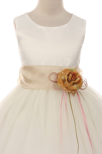 *RESTOCKED* White Satin Flower Petal Girl Dress with Organza Sash (1 of 2)