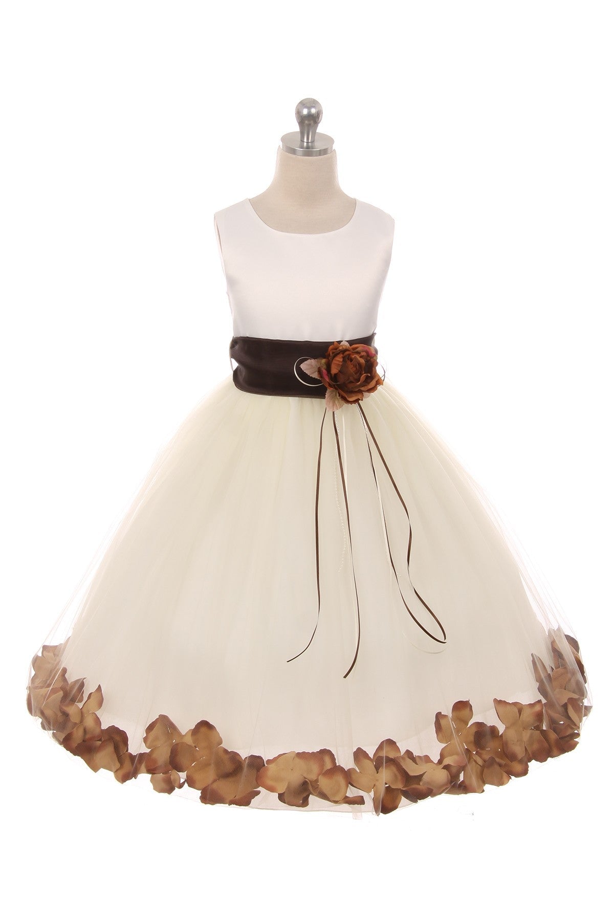 White Satin Flower Petal Girl Dress with Organza Sash (2 of 2) 6 / White / Chocolate White Satin Flower Petal Girl Dress with Organza Sash (2 of 2) 6 / White / Chocolate