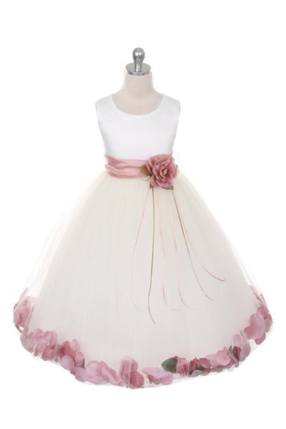 *RESTOCKED* White Satin Flower Petal Girls Plus Size Dress with Organza Sash