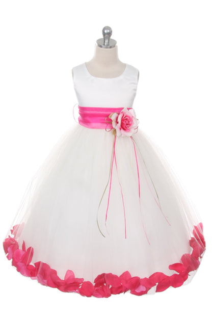 Ivory Satin Flower Petal Girls Plus Size Dress with Organza Sash