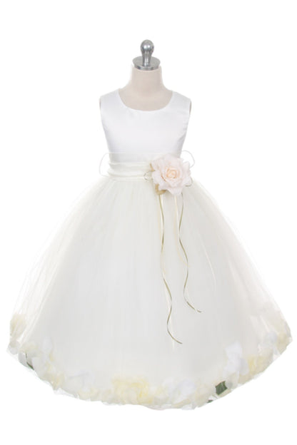 Ivory Satin Flower Petal Girls Plus Size Dress with Organza Sash