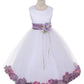 White Satin Flower Petal Girls Plus Size Dress with Organza Sash